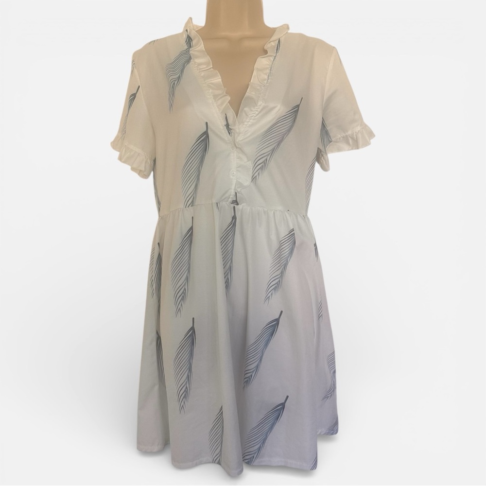 Women’s White and Blue Leaf Print Mini Dress Small - Picture 2 of 5